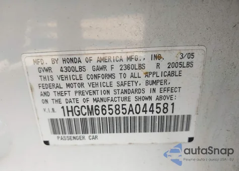 2005 Honda Accord 3.0 Ex из США, поврежденный, VIN 1HGCM66585A044581